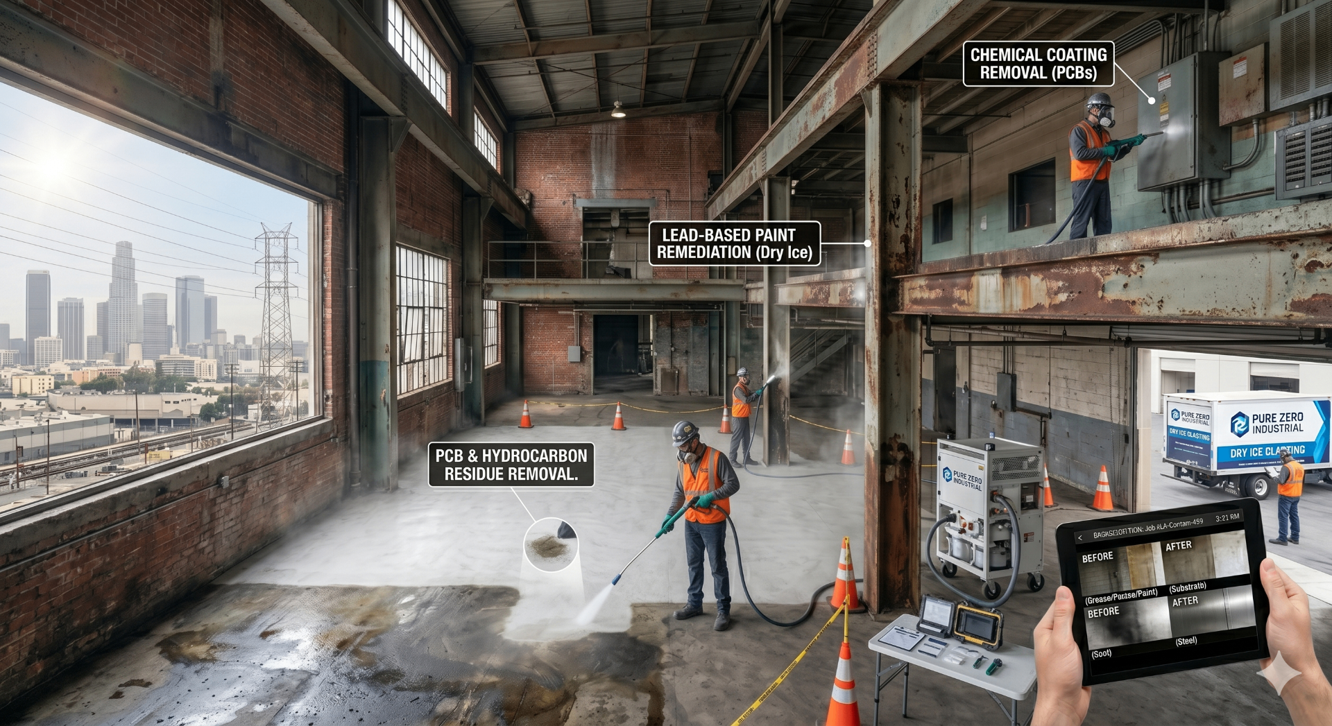 Pure Zero Industrial crew performing lead paint, PCB, and hydrocarbon residue remediation via dry ice blasting at a Los Angeles industrial facility