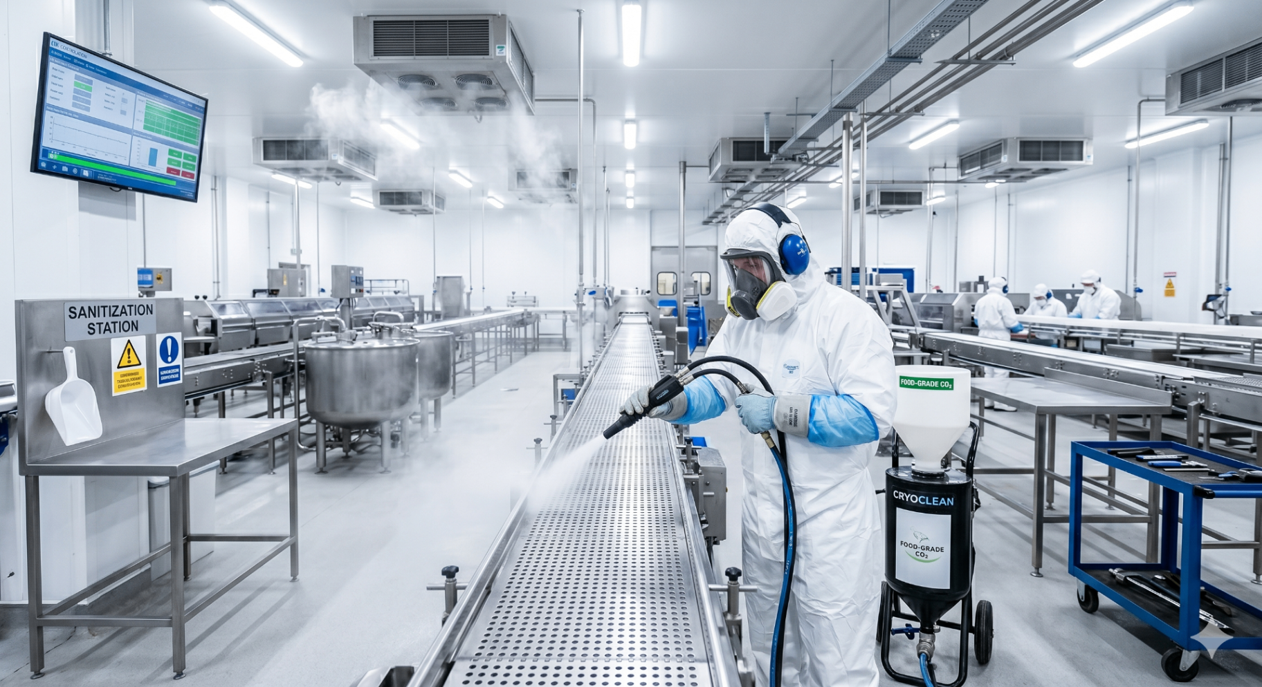 Pure Zero Industrial technician performing food-grade CO2 dry ice blasting sanitation on a conveyor line at a Los Angeles food manufacturing facility