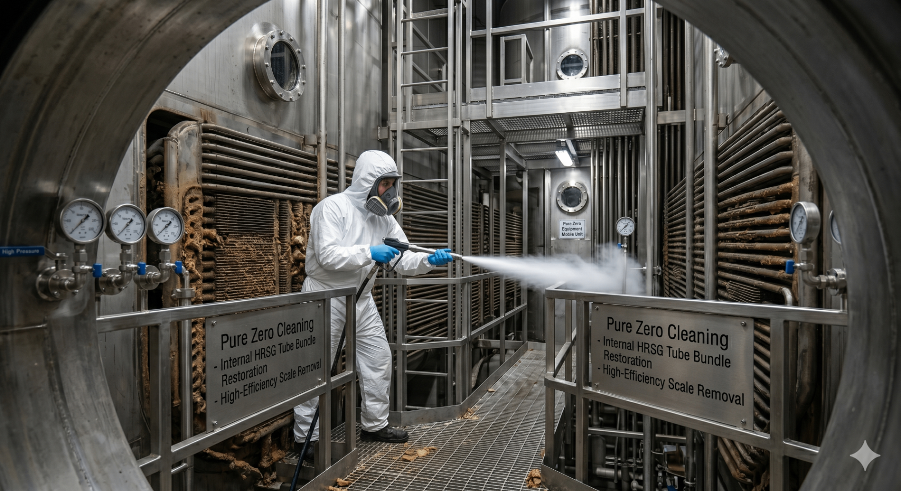 Pure Zero Industrial technician in PPE cleaning HRSG tube bundles inside a power plant
