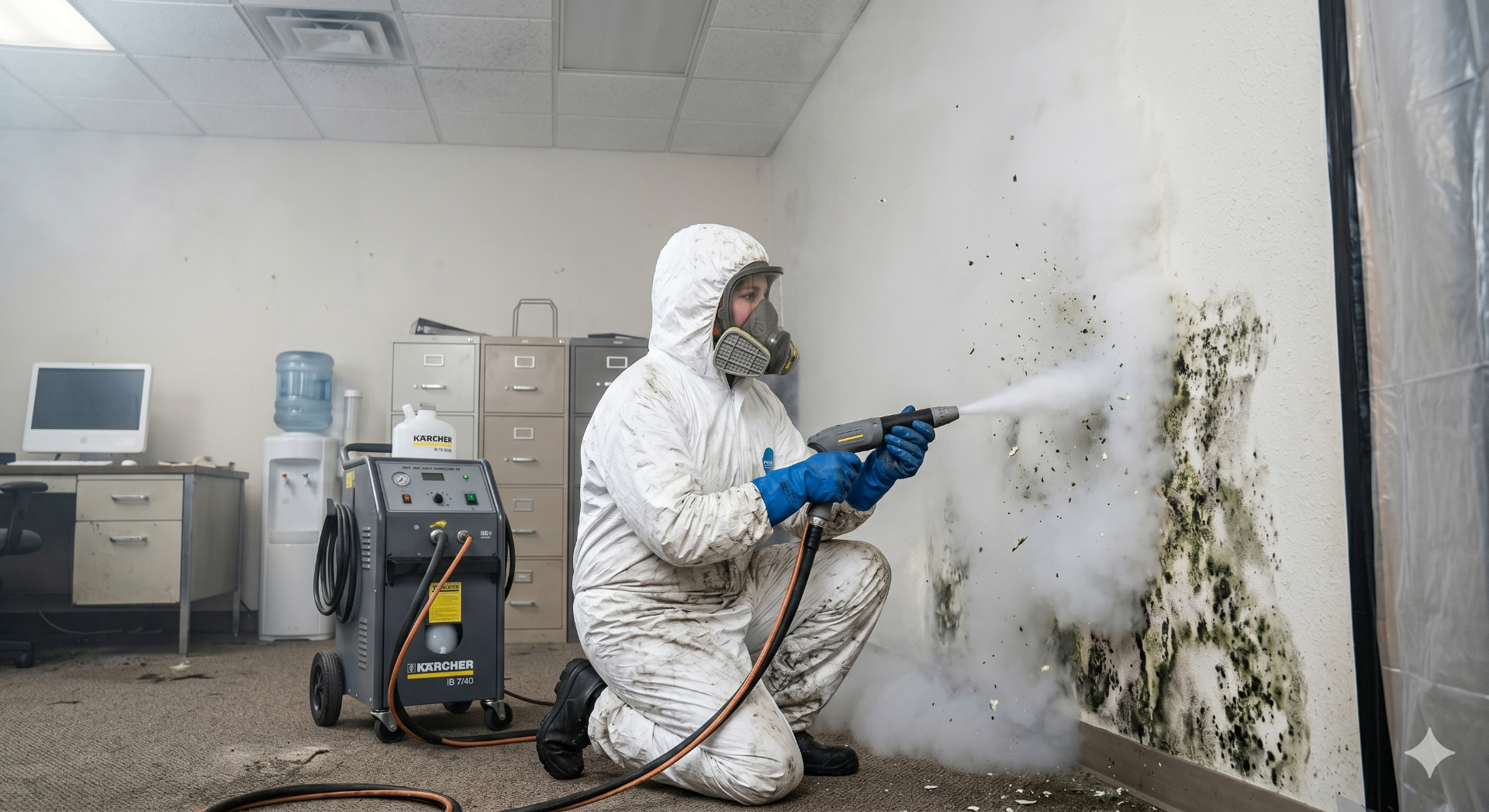 Technician in full PPE using dry ice blasting equipment to remove mold from an interior wall